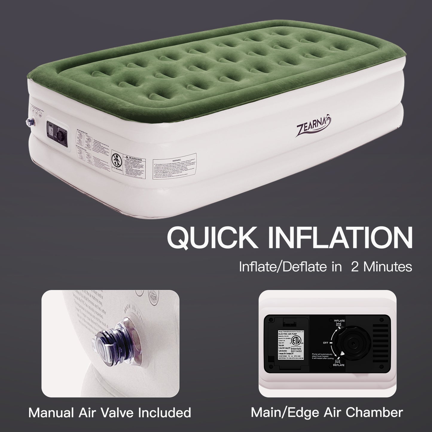 Zearna Luftbett Luftmatratze Selbstaufblasend in 3 Minuten, Aufblasbare Matratze Gästebett mit Eingebauter Elektrischer Pumpe, Aufblasbares Einzelbett für Camping Heimgebrauch (Einzel(46cm))